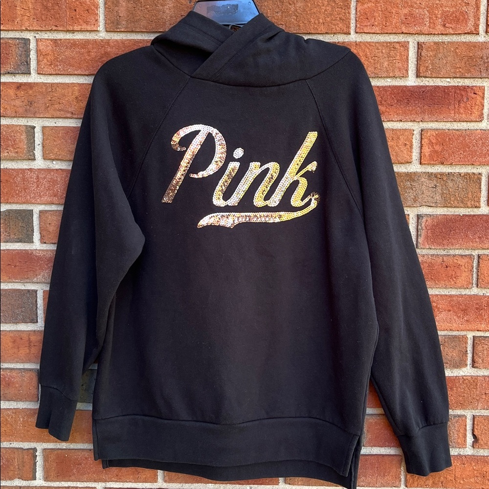 PINK Victoria’s Secret Rose Gold Sequin Logo Black Fleece Relaxed Bling Hoodie